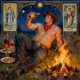 a dramatic, epic, ethereal painting of a !handsome! thicc mischievous shirtless cowboy with a beer belly wearing a large belt and bandana offering a whiskey bottle | he is relaxing by a campfire | background is a late night with food and jugs of whisky | homoerotic | stars, tarot card, art deco, art nouveau, mosaic, intricate | by Mark Maggiori (((and Alphonse Mucha))) | trending on artstation