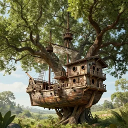 A treehouse made out of a derelict pirate ship, the treetops of giant oaks, game art matte painting hyperdetailed, artstation, cgsociety, 8k, surreal dream landscape