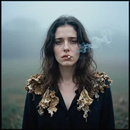 photographic portrait of sad nastassja kinski paris texas 1 9 8 4 dried melting floral fungus with spiraling cigarette smoke, in fog