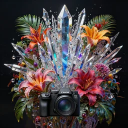 impressive ominous cinematic fine art of tropical flowers crystal shard glitch volumetric dynamic fluid simulation lighting impressive masterpiece hyper ultra detailed intricate sharp focus 8 k realistic illustration canon eos r 3 fujifilm x - t 3 0 sony alpha, by james gurney tooth wu artgerm colorful!!!, trending on artstation behance cgsociety