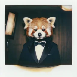 Portrait of a Red Panda Wearing a Fancy Business Tuxedo, Expired Burned Polaroid from 1930s, Softbox Lighting, 85mm Lens F/1.8