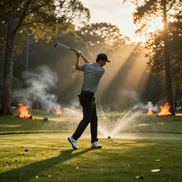 close-up of an athletic golf player in a lush golf course with automatic watering, low angle, magical lights, golden hour, surrounded by burning forests, smoke from the fire, digital painting, cinematic, 4k, forest ray light, particles light, by sasha kalinkin, Noah Bradley, ilya kuvshinov, comics walt disney