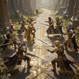 fantasy sci fi characters fight on medieval road, action scene, 8 k, lumen reflections, sharpened, insanely detailed and intricate, hypermaximalist, elegant, ornate, hyper realistic, super detailed, digital art