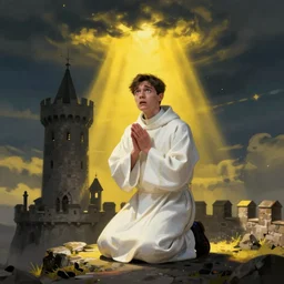 A terrified catholic priest in his twenties kneeled in fervent prayer at the summit of a medieval tower. Looking up with eyes wide open with fear, looking straight at the viewer. Dressed in white. An ominous yellow shadow is descending upon him from the night sky. Award-winning digital art, trending on ArtStation