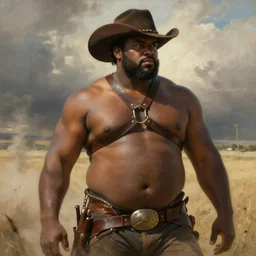 a beautiful dramatic epic painting of a thicc chunky beefy shirtless handsome black man | he is wearing a leather harness and cowboy hat | prairie setting, dust clouds | homoerotic, highly detailed, dramatic lighting | by Mark Maggiori, by William Herbert Dunton, by Charles Marion Russell | trending on artstation