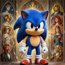 realistic detailed portrait of classic Sonic the Hedgehog by Mark Brooks, Amano, Alphonse Mucha, Beeple, greg rutkowski, wlop, Jeffery Smith, Pagan, Neo-Gothic, gothic