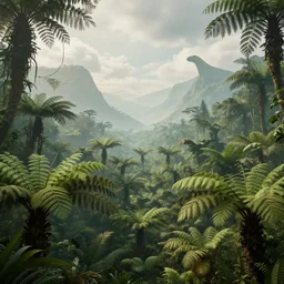 a distant prehistoric fern jungle, a silhouette of a distant sauropod head in the background, mountains, clouds, volumetric lighting, hazy, washed out, an award winning digital render, beautiful, ultradetailed, hyperrealistic, great composition