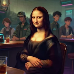 portrait of cyberpunk mona lisa sitting at a cyberpunk bar. character design by disney, charlie bowater, ross tran, artgerm, and makoto shinkai, detailed, soft lighting, rendered in octane