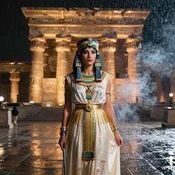 Cleopatra on the rain, faith, temple in the background, night, smoke, shadows, award winning photography