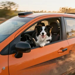 funny picture of border collie dog in the driver's seat of an orange nissan note, paws on wheel, car moving fast, rally driving photo, award winning photo, golden hour,