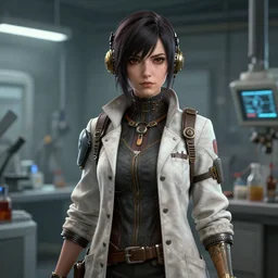 An attractive female dieselpunk scientist in a lab coat, stubble, visualartzi, dieselpunk, anime, concept art by Karla Ortiz, James Paick, Charlie Bowater, Krenz Cushart, highly detailed, ultra detailed, ultra realistic, trending on artstation, cgstudio