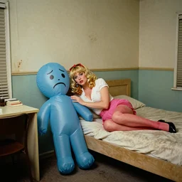 bored housewife meets a sad inflatable toy in a seedy motel room, 1978 color Fellini film, ugly motel room with dirty walls and old furniture, archival footage, technicolor film, 16mm, live action, John Waters, campy and colorful