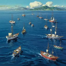 sharp focus, breath taking beautiful, aesthetically pleasing, gouache ocean and boats, digital concept art background by hayao miyazaki and studio ghibli, fine art, ambient lighting, hdr, 4 k, 8 k, cinematic, high quality art, award winning, dynamic, energetic, lively, elegant, intricate, highly detailed, richly textured, rich vivid color, masterpiece.