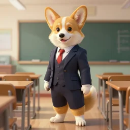 full body photograph of a female anthropomorphic corgi fursona wearing a nice suit in a school classroom, deep focus, intricate, elegant, highly detailed, digital painting, artstation, concept art, matte, sharp focus, illustration, d & d, fantasy, hearthstone, art by artgerm and greg rutkowski and alphonse mucha