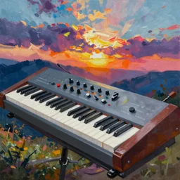 synthesizer, gouache painting, colorful