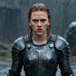 angry scarlett johansson, wearing rain soaked armour in heavy rain, incredibly fine detailed portrait, battle angel alita, black and white, dynamic angle, pencil and ink manga, elegant, full body profile, far way wide angle 3 5 mm camera shot, highly detailed, dramatic full moon lighting, gothic castle prodominently in the background, movie cover