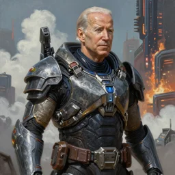 ultra realist and ultra intricate detailed soft painting of a sci-fi armored joe biden, from the waist up, mass effect style, volumetric clouds, cyberpunk burning building background, artstation, unreal render, depth of field