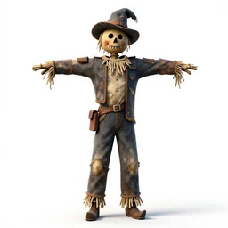 battle-worn living scarecrow, detailed 3d character render, full body, standing, isolated on a pure white background, centered, whole figure in frame, sharp focus, studio lighting