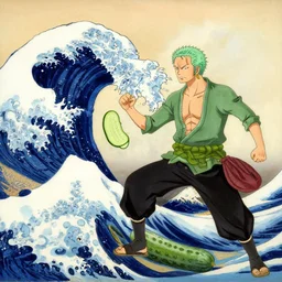 a masterpiece painting from hokusai : zoro from one piece fighting a cucumber