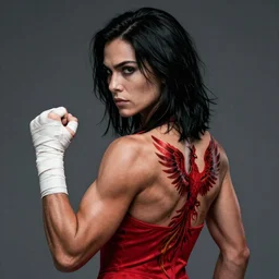 a portrait of chloe bennet, muscular, wearing red attire, white bandage taped fists, medium length black hair, red phoenix tattoo on back, serious, style by donato giancola, wayne reynolds, jeff easley dramatic light, high detail, cinematic lighting, artstation, dungeons and dragons