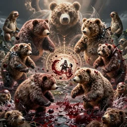 made in abyss design akihito tsukushi design chubby bear war bloody war wounded bears sea of blood, fractals, chubby bear sloth bear at war, art in the style of and oleg vdovenko and akihito tsukushi