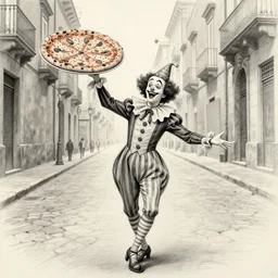 pulcinella dancing drunk through the empty street of naples waving a large pizza, extremely detailed pencil sketch by silvio fiorillo, from commedia dell'arte