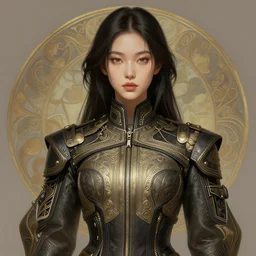 portrait of Korean female wearing Techwear Jacket, intricate, elegant, highly detailed, digital painting, artstation, concept art, smooth, sharp focus, illustration, art by artgerm and greg rutkowski and alphonse mucha