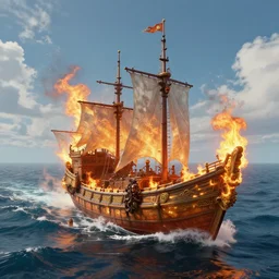 fantasy fireship crossing an ocean, high detail, fantasy art, concept art, 4 k, ultra detail, computer art