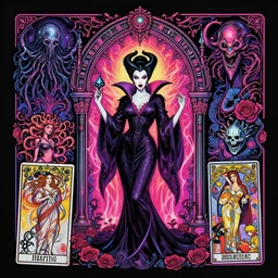 japanese geisha gothic varga elvira blade runner megan fox maleficent roses medusa, wicca, ornate arch, energy, cthulhu, kraken, skulls, futurepunk, glamour pose, moebius, gta v, dan mumford, mucha, nagel, tarot card, d & d, neon art deco, black paper, vibrant, greg rutkowski,