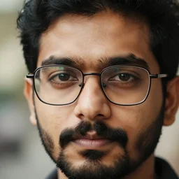 photo closeup of a man's head, moustache, beard, black hair, glasses, 3 5 mm, bokeh