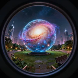Fish eye lens way too close to a glowing galaxy orb in the middle of the park. Distant cyberpunk skyscrapers visible on the horizon. vibrant, atmospheric, detailed, unreal engine, octane render, dramatic, award winning, intricate details, 8K