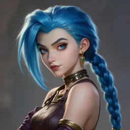 a League of Legends FAN ART Portrait of JINX The Loose Cannon, blue hair, long pigtail, intricate, elegant, highly detailed, digital painting, concept art, smooth, sharp focus, illustration,artstation,deviantart,Unreal Engine,face enhance,8K,golden ratio,cinematic lighting