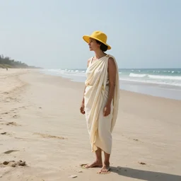 liz cheney on an abandoned sandy beach, she is wearing a toga, she is wearing a yellow hat, she is looking out to sea,
