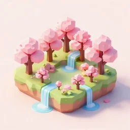 a cute little matte low poly isometric cherry blossom forest island, pink waterfalls, mist, lat lighting, soft shadows, trending on artstation, 3d render, monument valley, fez video game,