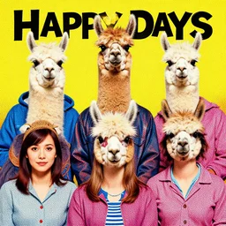 pop art halftone advertisement for the show happy days but with llamas heads instead of peoples heads