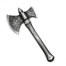 highly detailled black and white viking axe, pencil draw, white background