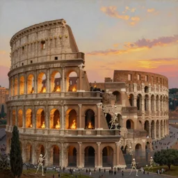 close up of colosseum on fire in ancient rome being invaded by skeletons, wide angle view, top view, sunset, hyperrealistic, high detail, oil painting, 8 k,