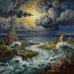 Psychedelic sci-fi dreamworld. Landscape painting. Organic. Winding rushing water. Waves. Clouds. Emil Nolde. Paul Klee.