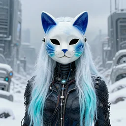 highly detailed portrait of wastelander long ice hair ceramic cat mask curvy tribal lady, stray wiring by atey ghailan, james gilleard, by joe fenton, by greg rutkowski, by greg tocchini, by kaethe butcher, 4 k resolution, gradient blue, cyan, black and white color scheme!!! ( ( snowy glaciated robotic dystopian city background ) )