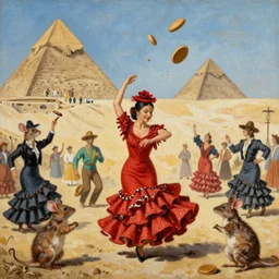 dancing prancing rodents in flamenco dresses throwing pies into the air in Egypt, celebration, painting by Rousseau