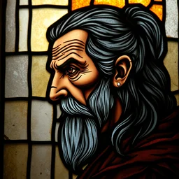1 0 th century stained glass window, detailed side - view portrait of an old witcher, amber eyes, dark grey hair, half ponytail, mustache, detailed and masterful, backlit