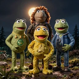 harsh flash photography of muppet - style characters