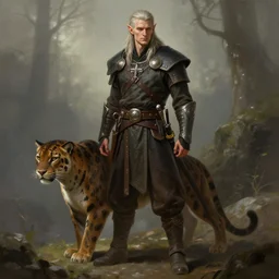 a handsome drow ranger standing with his panther, highly detailed, digital painting, artstation, concept art, smooth, sharp focus, illustration, unreal engine 5, 8 k, art by artgerm and greg rutkowski and alphonse mucha