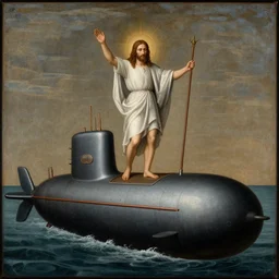 a medieval painting depicting jesus of nazareth blessing a submarine