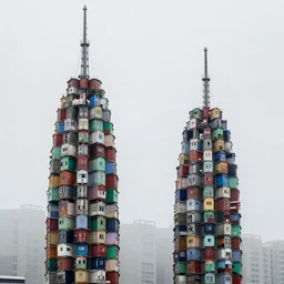 two suspended towers made up of colourful makeshift squatter shacks, plain uniform sky at the back, misty, mamiya rb 6 7, ultra sharp, very detailed, photographed by zaha hadid