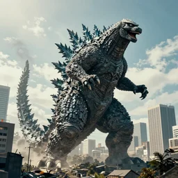 giant hugh jackman rampaging through tokyo like godzilla, towering above the skyline
