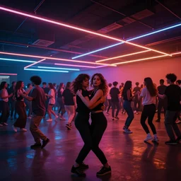 friends dancing facing / looking the camera, crowd in the back, neon lines, surrealism style