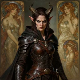 portrait of a surly and resentful female tiefling thief with small horns clothed in leather armor and a cloak, angry expression, no hand, by Greg Rutkowski and John Collier and Krenz Cushart and Artem Demura and Alphonse Mucha and Albert Aublet, as seen on ArtStation, 4k, dungeons and dragons, very aesthetic, very detailed, intricate, unreal, fantasy, dramatic, painterly, artstation, sharp focus, smooth