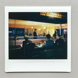 a polaroid photo of people at a diner, Edward Hopper style, Nighthawks, detailed, hq, lens flare