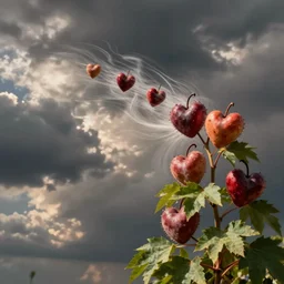A picture of a plant that has hearts as the fruit, blown in the wind with some of the hearts flying with the wind